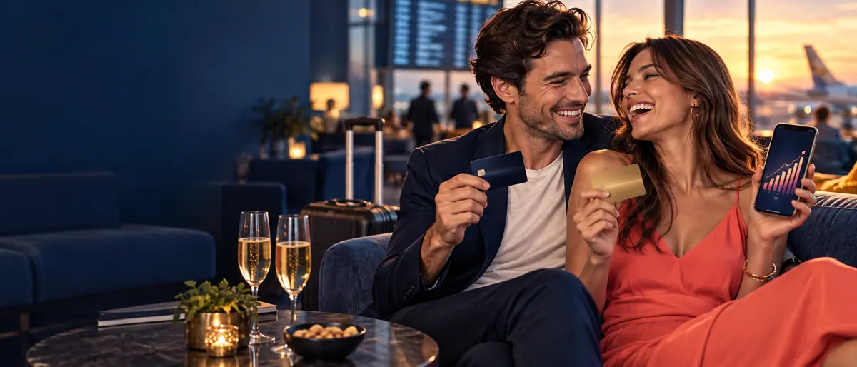 A happy couple comparing travel rewards in an airport lounge